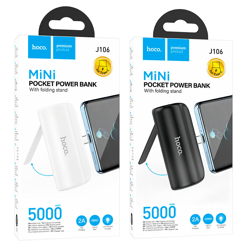 Hoco J106 Mini Pocket Power Bank | 5000mAh, Type-C, Foldable Stand